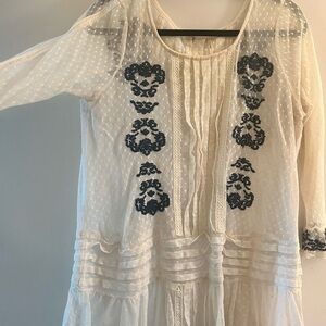 White Sheer Free People Top with Blue Embroidery